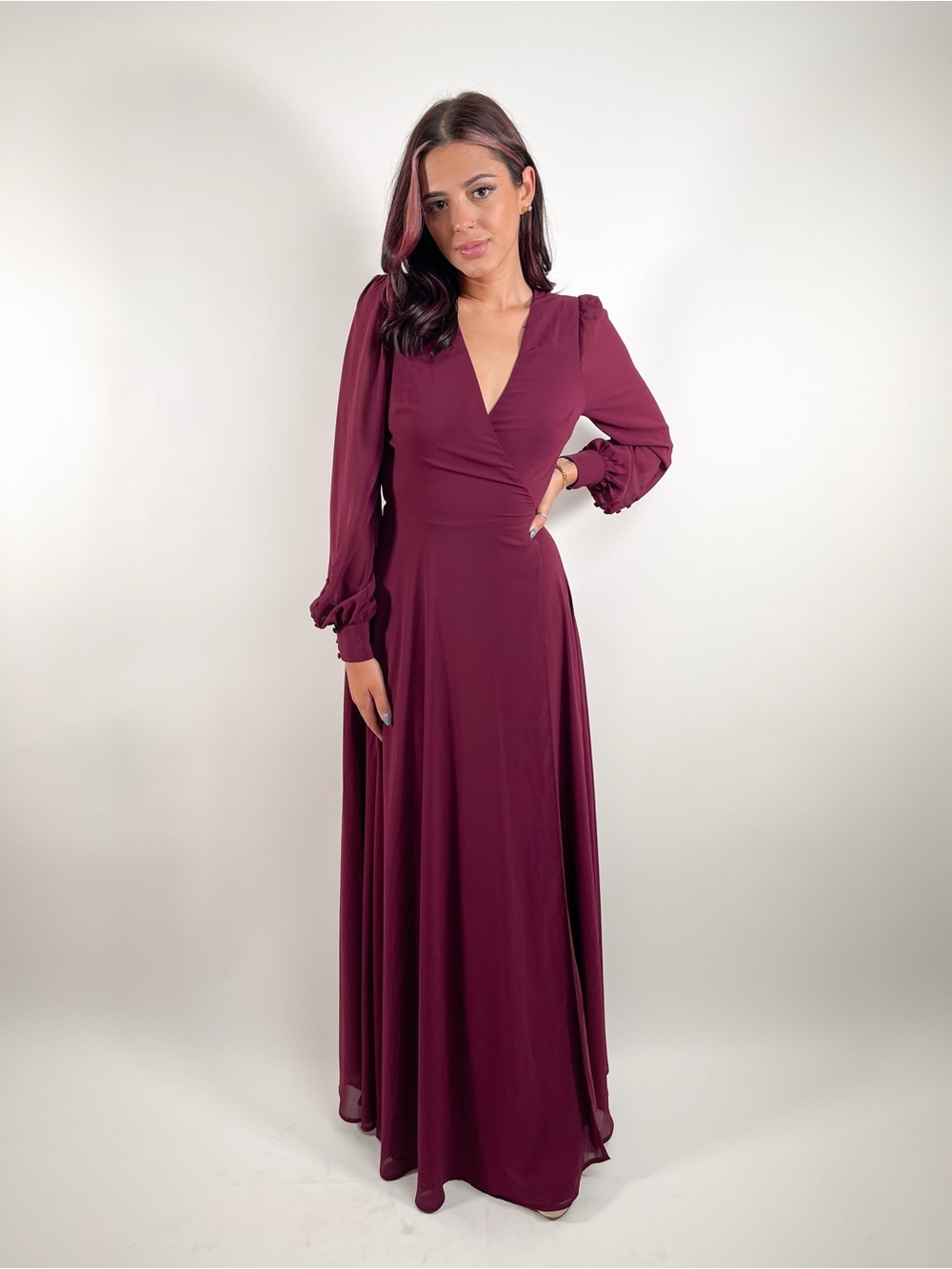 Lulu's Burgundy Long Sleeve Wrap Maxi Dress